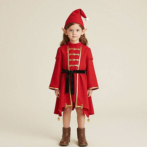 Photograph of a young girl with fair skin and brown hair, wearing a red elf costume with gold trim, black belt, pointed hat, and brown