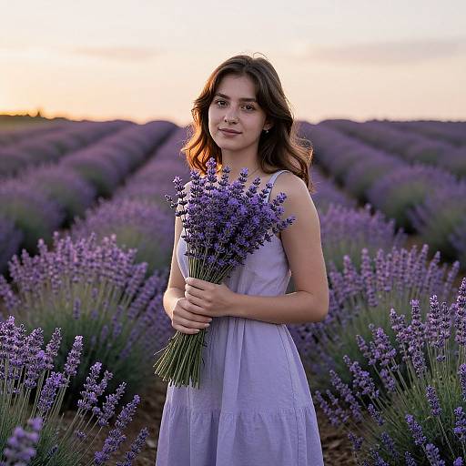 Young woman with wavy brown hair, wearing a light purple dress, holds lavender bouquet in a vibrant lavender field at sunset. Photorealistic photograph.