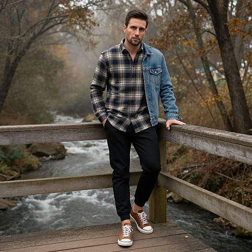Photograph of a bearded man in a plaid shirt and denim jacket leaning on a wooden bridge over a flowing river in a wooded, autumnal