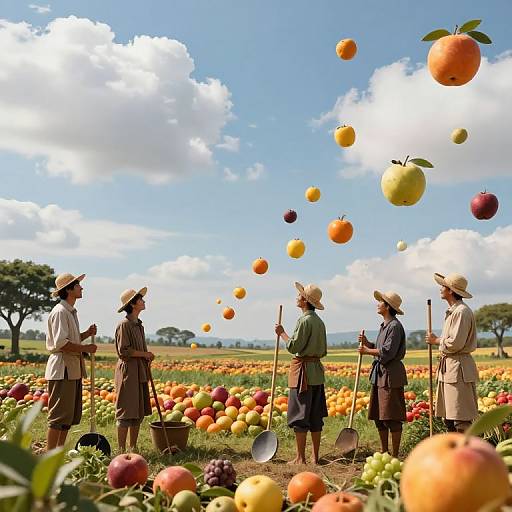 Photograph of four Asian men in traditional hats and clothing, standing in an apple orchard with colorful floating apples in a bright, cloudy sky.