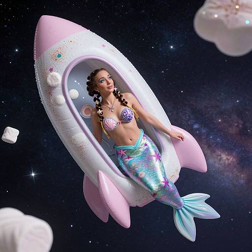 Digital illustration of a mermaid with braided hair, wearing a pink and purple bikini top, and a shimmering blue-green mermaid tail, floating