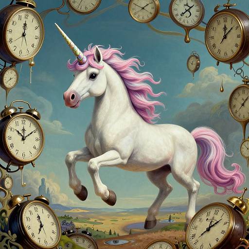 Digital painting of a white unicorn with a pink mane, mid-leap, surrounded by old-fashioned clocks against a blue sky and countryside backdrop. Clocks
