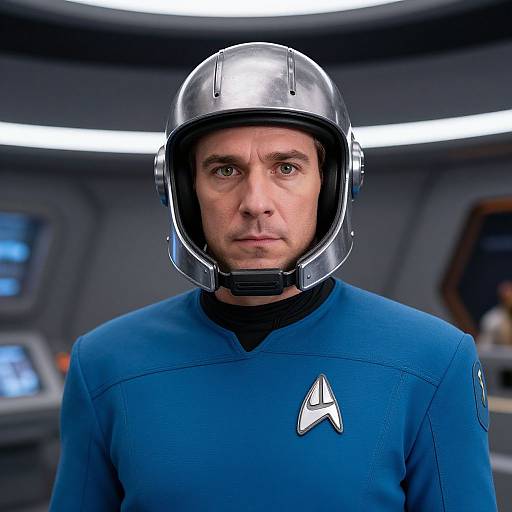 Photograph of a serious-looking man in a silver helmet and blue Star Trek-style uniform with the 