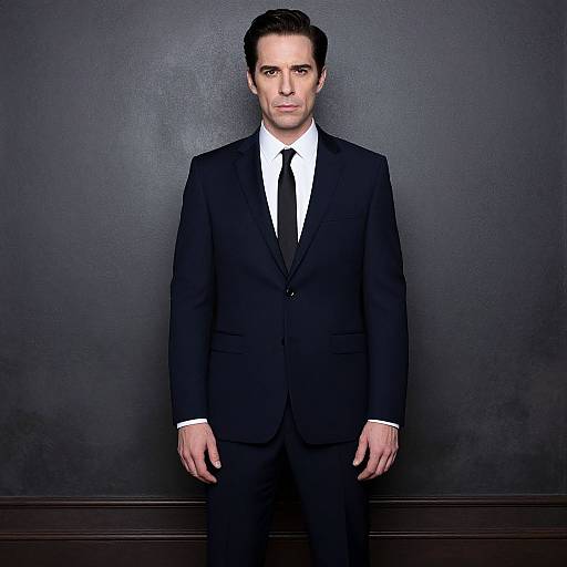 Photograph of a serious, fair-skinned man with dark hair, wearing a black suit, white shirt, and black tie, standing against a dark