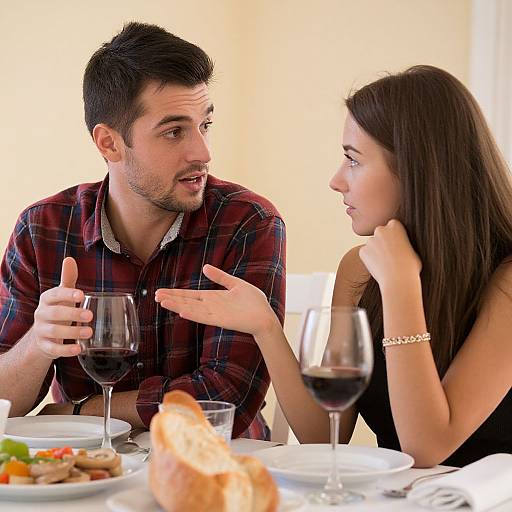 Photograph of a young couple at a dinner table, both holding glasses of red wine, engaged in conversation, with plates of food and a bread roll