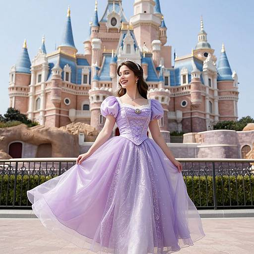 Photograph of a smiling woman in a lavender, sparkling princess dress, standing in front of a fairytale castle with blue turrets.