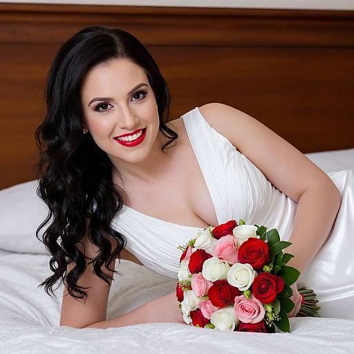 Photograph of a smiling, fair-skinned woman with long black hair, wearing a white, low-cut wedding dress, holding a red and white rose