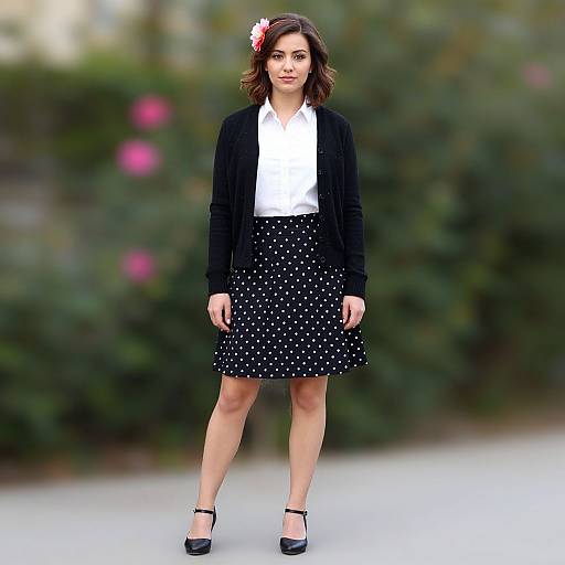 Photograph of a young woman with medium skin tone, brown wavy hair, and pink flower headband, wearing a black polka dot skirt,