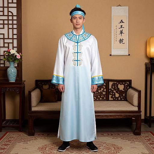 Photograph of a young man in traditional Chinese attire, standing in a room with beige walls, wooden furniture, and calligraphy art.