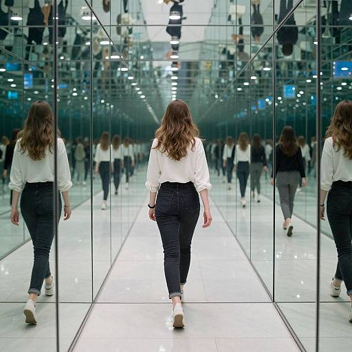 Photograph of a woman with wavy brown hair, white blouse, black pants, and white shoes walking down a mirrored hallway, reflections multiplying her image