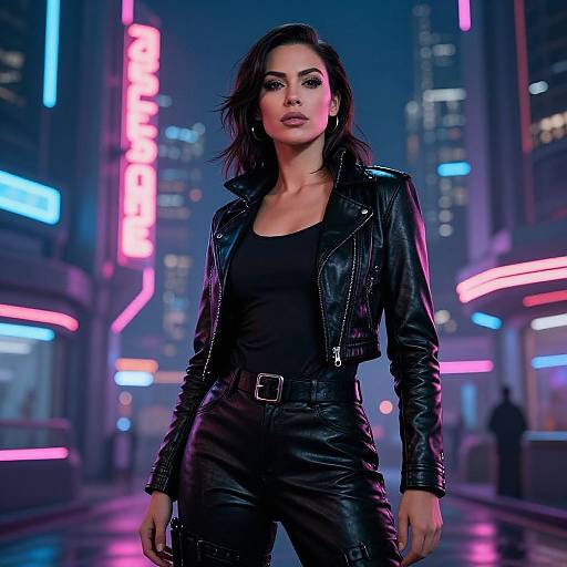 Digital artwork of a confident woman with dark hair, wearing a black leather jacket and pants, standing in a neon-lit, futuristic city street at night