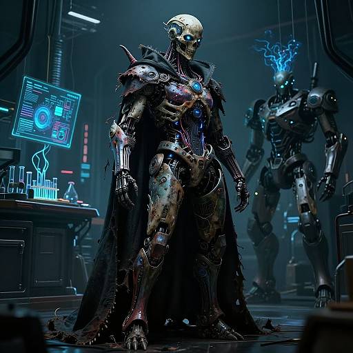 Digital artwork of two futuristic, cybernetic humanoid figures in a dark, high-tech lab. The front figure wears a black, tattered cloak,