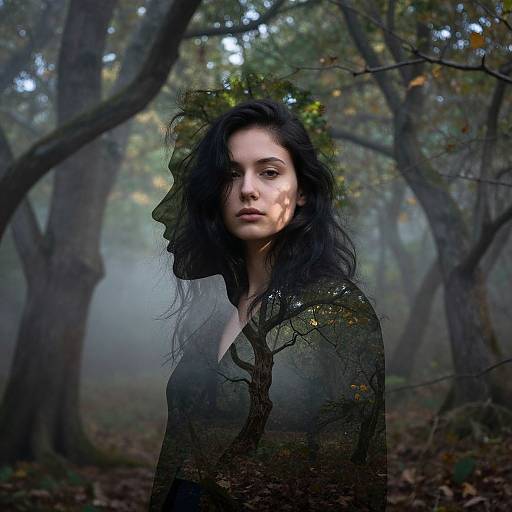 Photograph of a pale-skinned woman with long, dark, wavy hair in a misty forest; her face is shadowed by tree branches