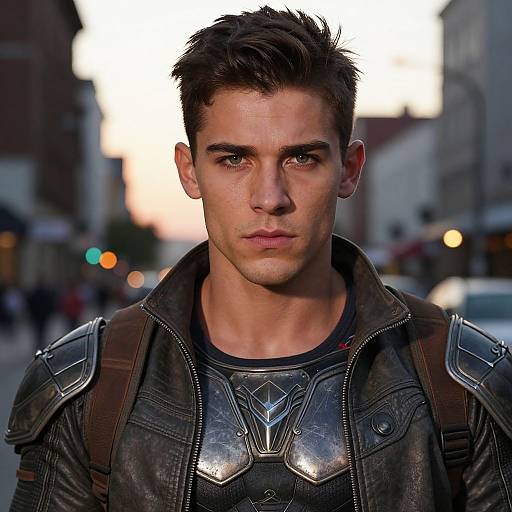 Photograph of a serious, young, muscular man with short dark hair, wearing a black leather jacket and metallic chest armor, standing on a blurred city