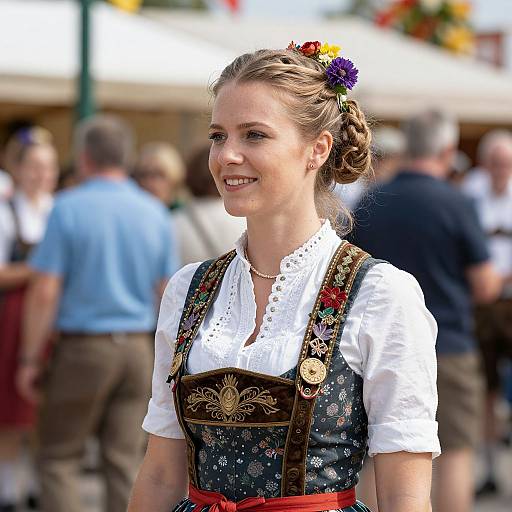 Photograph of a smiling young woman with blonde hair in braids, wearing a traditional Bavarian dirndl with floral embroidery, white blouse, and red