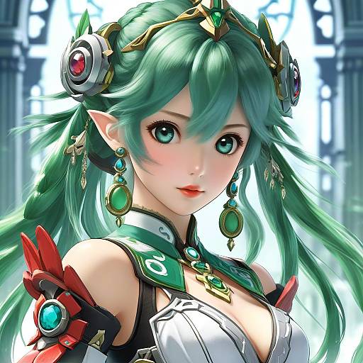 Digital anime-style portrait of a green-haired, elf-eared woman with large blue eyes, wearing a detailed crown, green jewelry, and white armor with