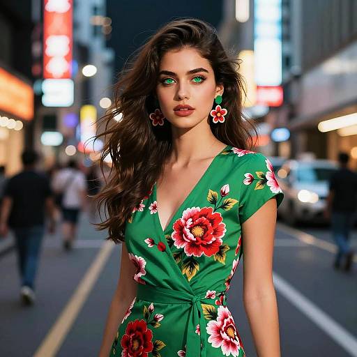 Woman in Green Floral Dress on City Street at Night