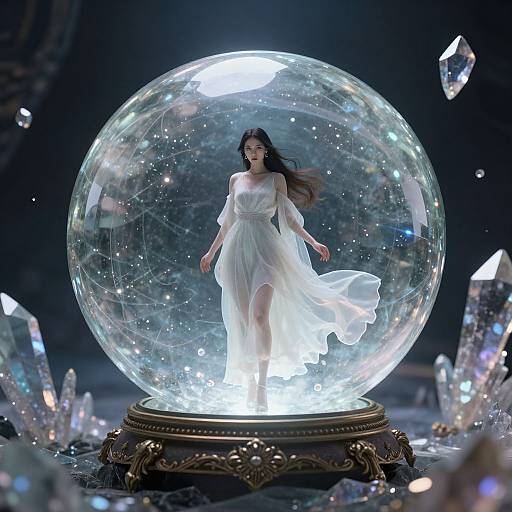Digital artwork of a translucent, glowing woman in a flowing white dress inside a sparkling crystal snow globe, surrounded by glowing crystals.