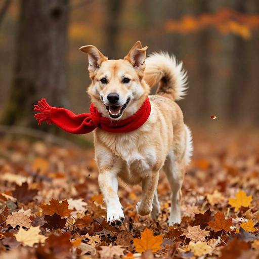Dog Running Through Autumn Leaves