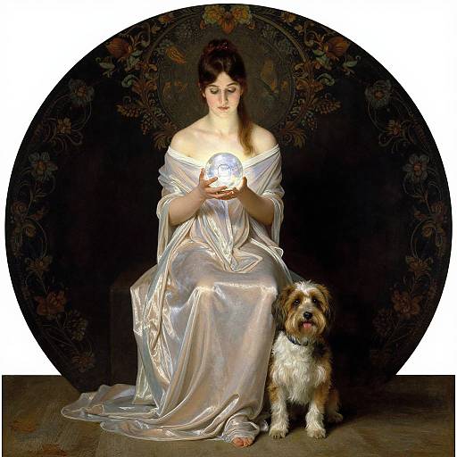 Photograph of a fair-skinned woman with dark hair in an off-shoulder, shimmering silver dress, holding a glowing orb, seated beside