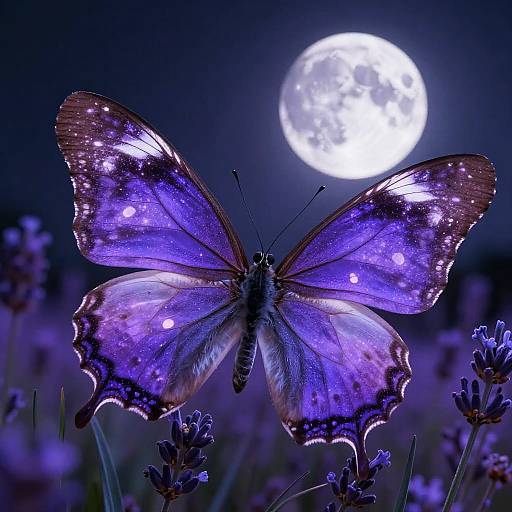 Photograph of a vibrant purple butterfly with glowing spots, wings outstretched, against a bright full moon in a dark night sky, surrounded by purple