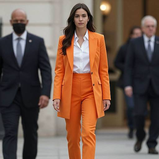 Photograph of a confident woman with long dark hair in an orange blazer and white shirt, walking in front of blurred, suited men in a city