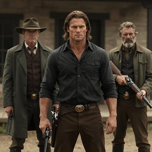 Western Men with Firearms in Dusty Setting