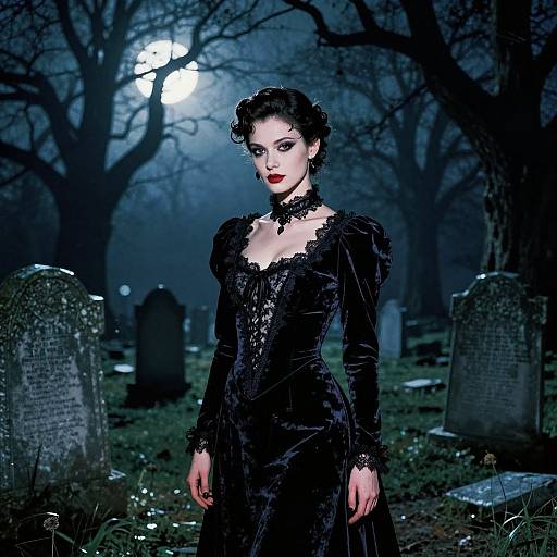 Velvet Gown in Moonlit Cemetery