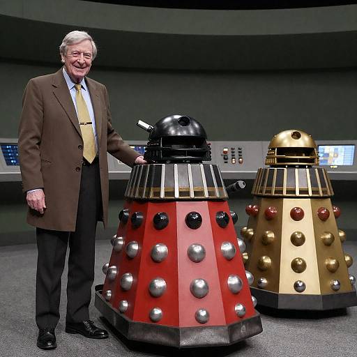 Elderly Man with Dalek Robots in Room