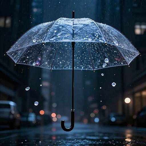 Photograph of a glowing blue transparent umbrella with water droplets, centered in a rainy urban night street, blurred city lights in background.