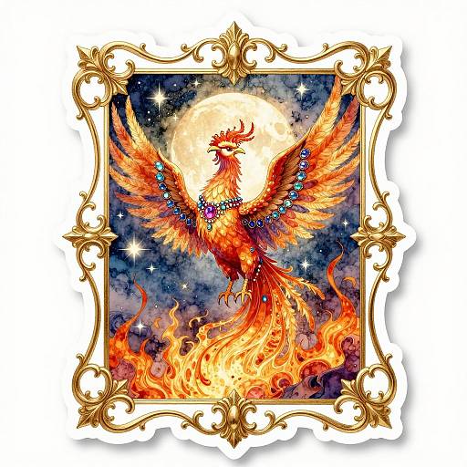 Majestic Phoenix Rising from Flames with Baroque Gold Border