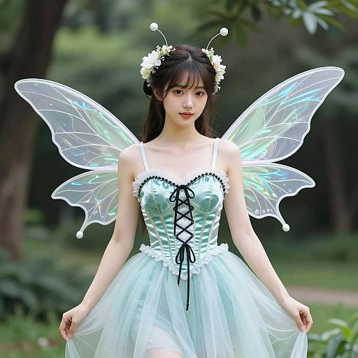 Woman in Teal Fairy Costume with Transparent Wings