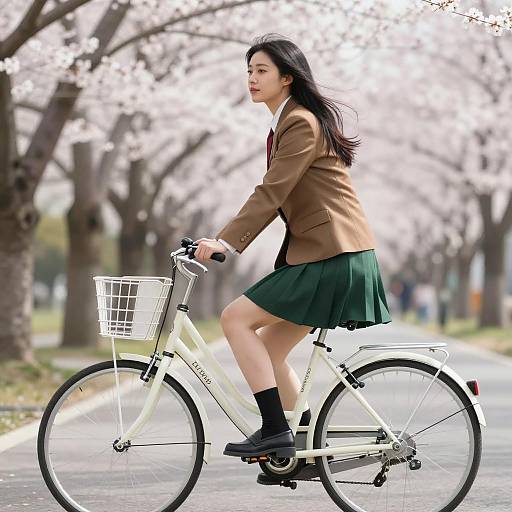 Asian Woman Riding Bicycle Under Cherry Blossoms