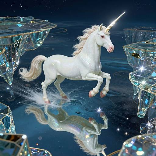 Digital artwork of a white unicorn with a glowing horn, mid-leap, surrounded by floating, sparkling crystal structures on a reflective, starry blue surface
