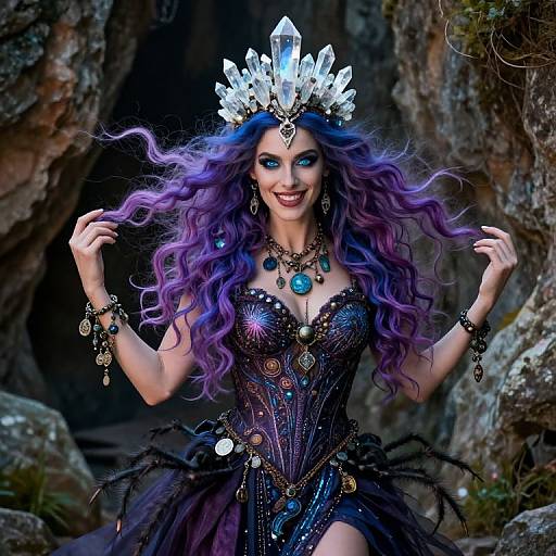 Photorealistic CGI of a smiling, purple-haired woman in a black, jeweled corset and crystal crown, standing in a rocky cave.