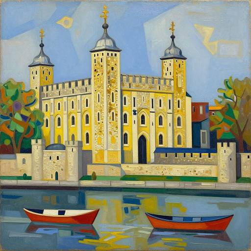 Digital painting of a vibrant, yellow, medieval-style castle with two domed towers, reflected in a calm river with two colorful boats.