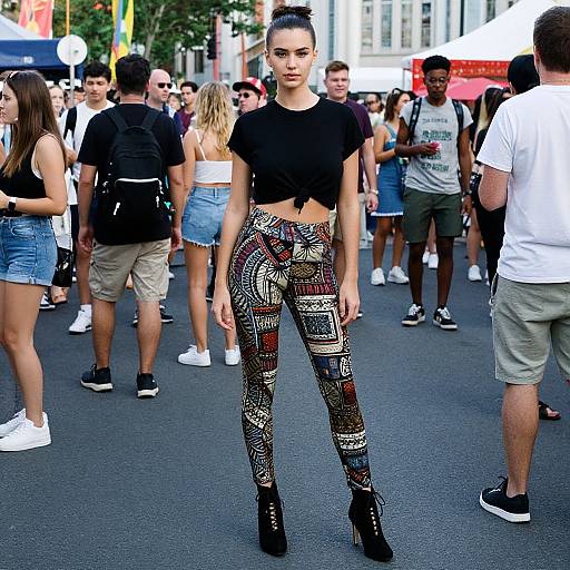 Photograph of a confident woman with a high bun, wearing a black crop top and patterned leggings, standing in a crowded urban street festival, surrounded