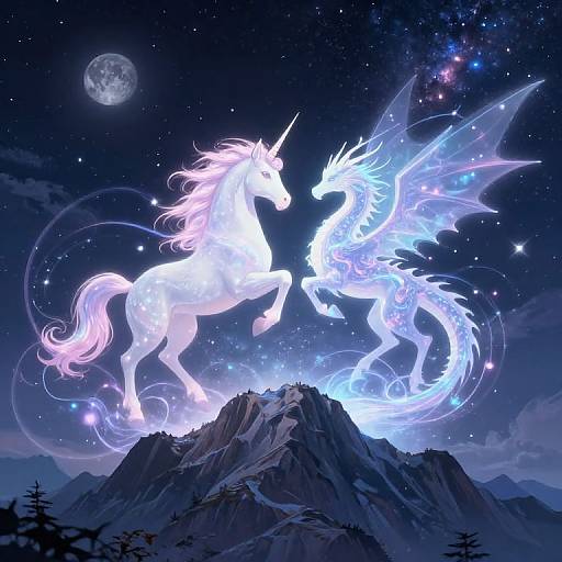 Digital fantasy artwork of a glowing white unicorn and ethereal blue dragon with wings, mid-battle on a moonlit mountain under a starry night sky
