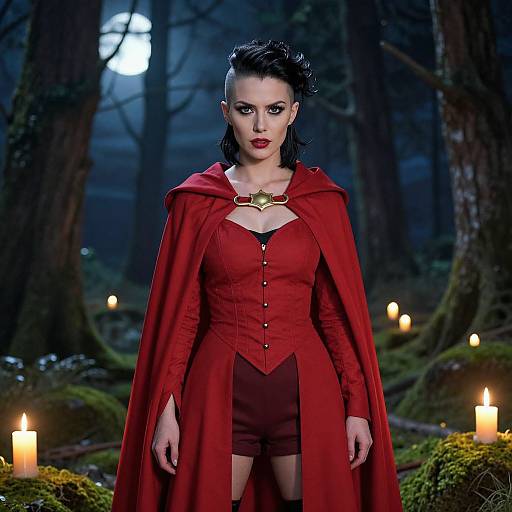 Photograph of a dark-haired woman in a red corset and cape, standing in a moonlit forest with candles, wearing a gold necklace.
