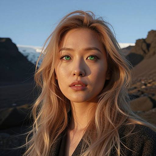 Photograph of a blonde woman with green eyes, wavy hair, and fair skin, wearing a black top, against a rocky mountain backdrop with a