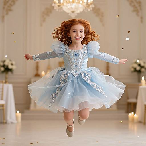 Photograph of a joyful red-haired girl with curly hair, jumping in a light blue, glittery, lace-trimmed, princess dress, in