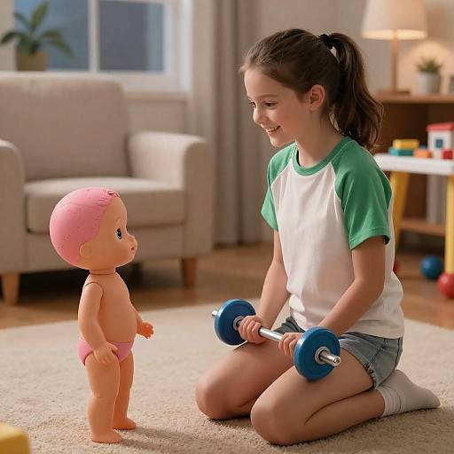 Playful Indoor Scene with Girl and Doll