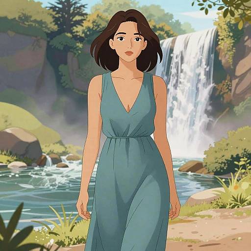 Digital illustration of a young woman with fair skin and black hair in a blue V-neck dress, walking by a scenic waterfall and river in a lush,
