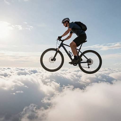 Photograph of a male cyclist in silhouette, wearing a helmet, sunglasses, and backpack, mid-air above a cloudy sky, riding a mountain bike.