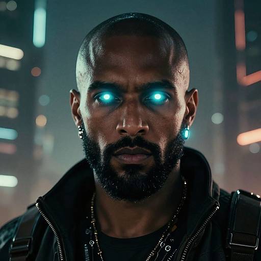 Photograph of a muscular, dark-skinned man with a bald head, black beard, glowing blue eyes, and blue earring, wearing a black