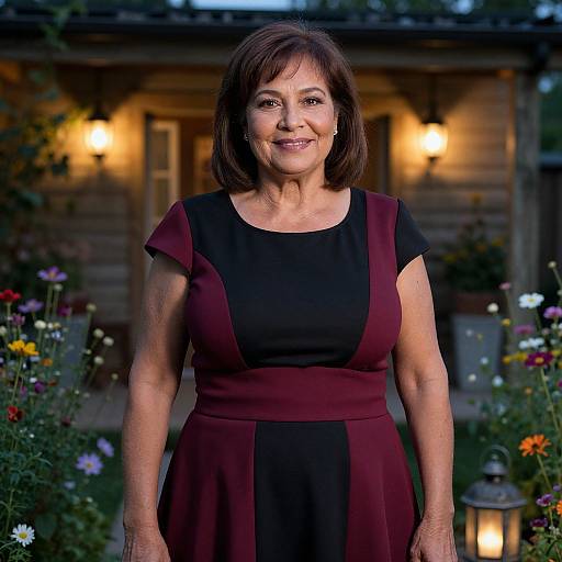 Photograph of an older woman with medium-length brown hair, wearing a black and burgundy dress, standing in a flower-filled garden, in front of