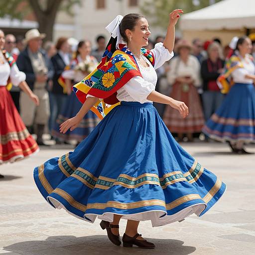 Photograph of a smiling woman dancing in a traditional Spanish dress with a colorful shawl, blue skirt, and white blouse, surrounded by a crowd in