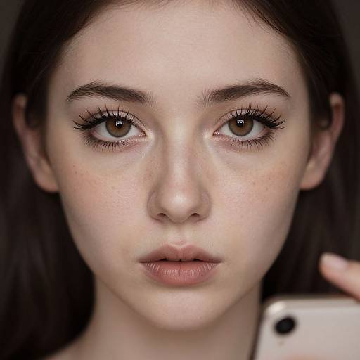Close-up photograph of a young woman with fair skin, brown eyes, and subtle freckles, looking directly at the camera with neutral expression, dark