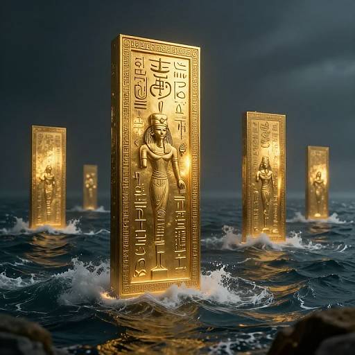 Photorealistic CGI of glowing, gold, ancient Egyptian obelisks with hieroglyphs and an Anubis figure, rising from turbulent ocean