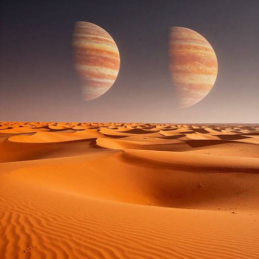 Photograph of a vivid orange desert with undulating sand dunes under a twilight sky, featuring two large, colorful planets with swirling bands.